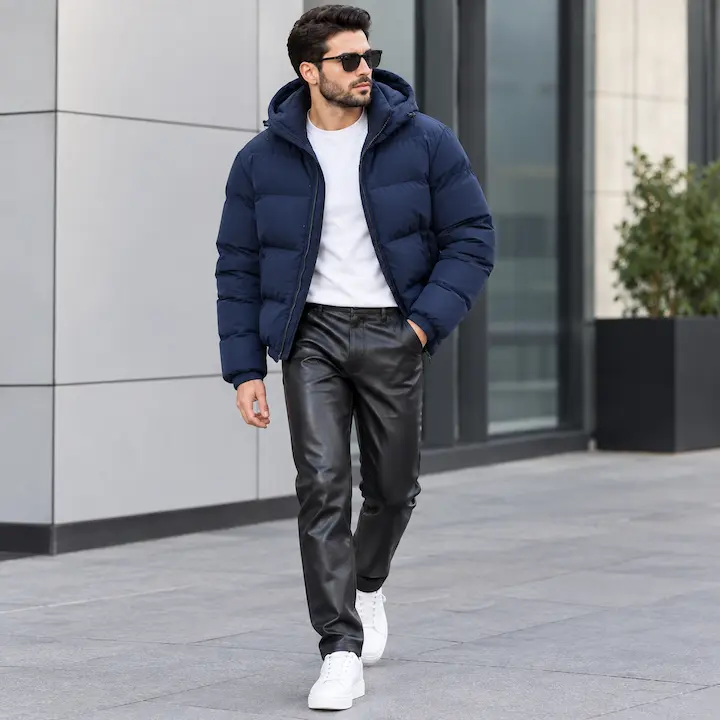men Black leather pants with a navy puffer jacket and white sneakers